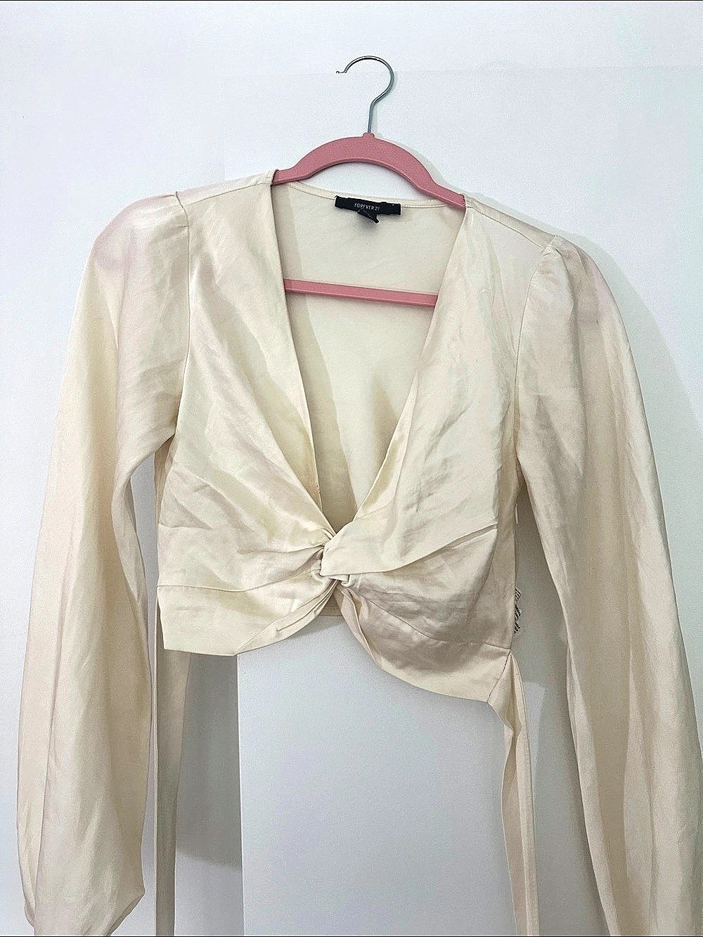Forever 21 Satin Twist-Front Long Sleeve Crop Top Cream
